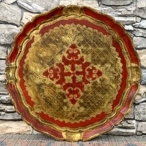 #02 Huge Vintage Italian Florentine Red Gilt Wood Florentia Italy Serving Tray